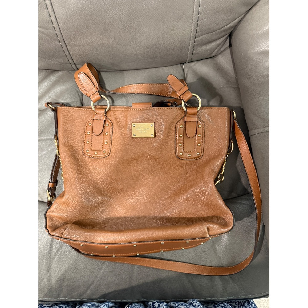 Michael Kors Leather Satchel Handbag‎ Brown Studded Convertible Shoulder Bag